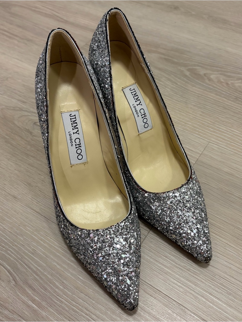 Jimmy Choo Silver Glitter Pointed Pumps